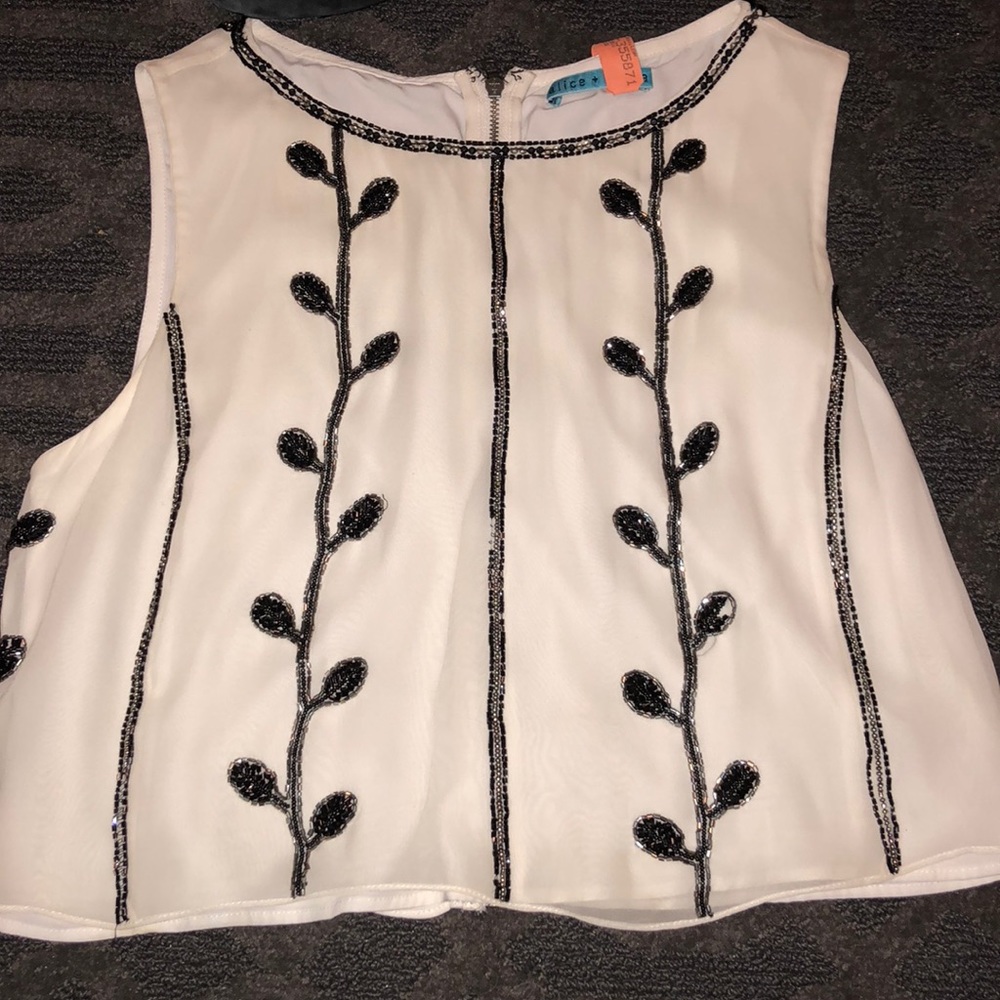 Alice + Olivia Black and White Beaded Crop Top